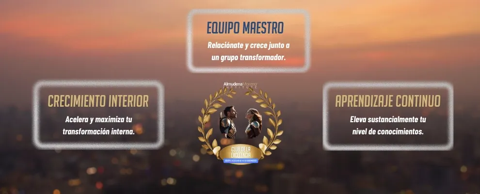 Infografía de las áreas del Club de la Excelencia: Equipo Maestro, Crecimiento Interior y Aprendizaje Continuo